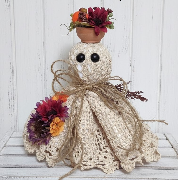 Ghost decor, Crochet Doily Ghost, Cute Ghost, Tabletop display, flowing felt ghost, handmade, Garden Ghost with florals Ghost decor, Crochet Doily Ghost, Cute Ghost, Tabletop display, flowing felt ghost, handmade, Garden Ghost with florals