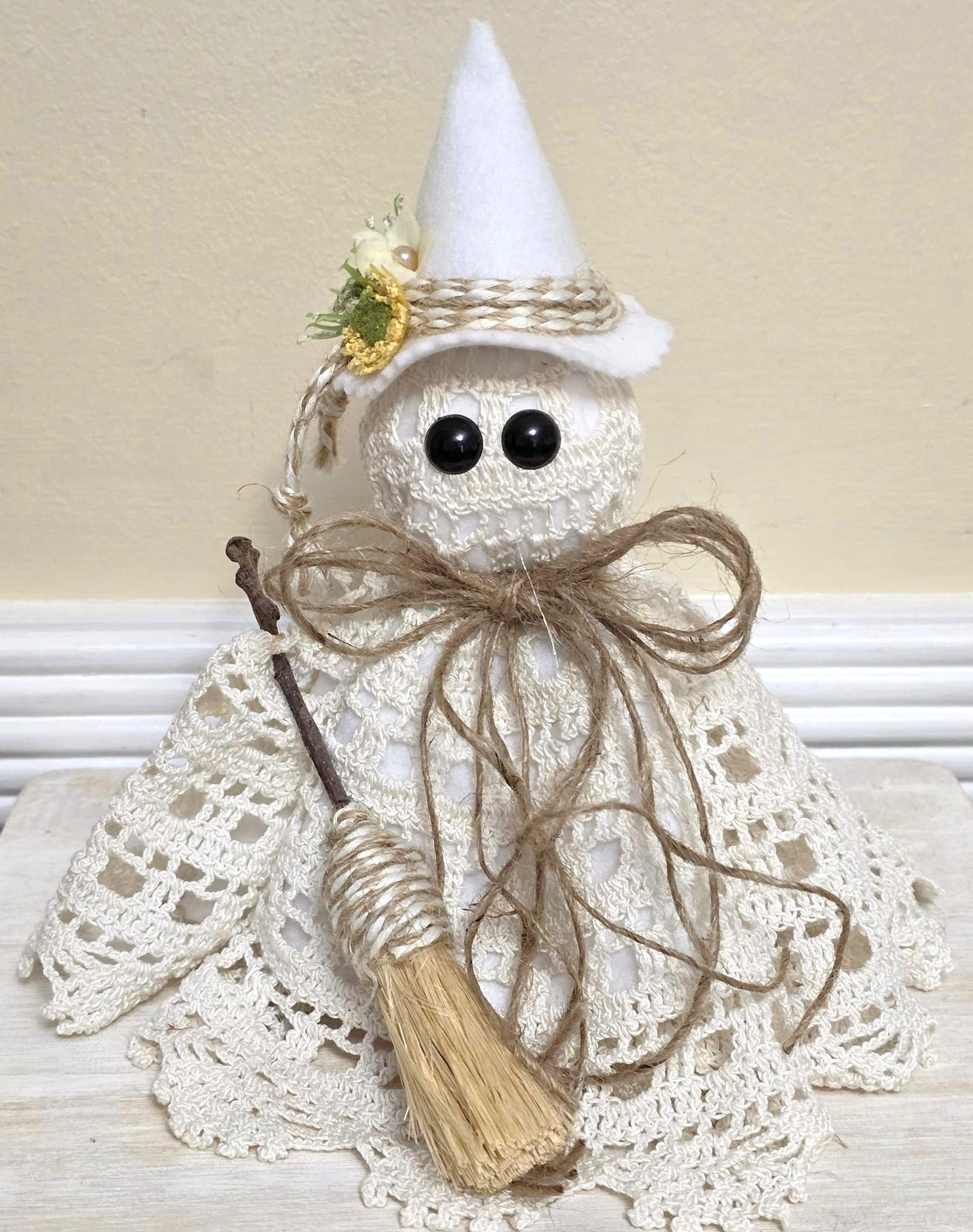 Ghost decor, Crochet Doily Ghost, Cute Ghost, Tabletop display, flowing felt ghost, handmade, Witch ghost with broom