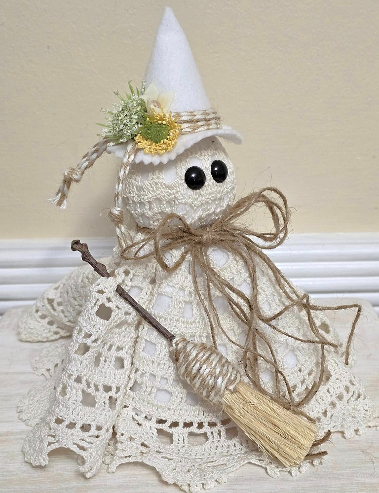 Ghost decor, Crochet Doily Ghost, Cute Ghost, Tabletop display, flowing felt ghost, handmade, Witch ghost with broom