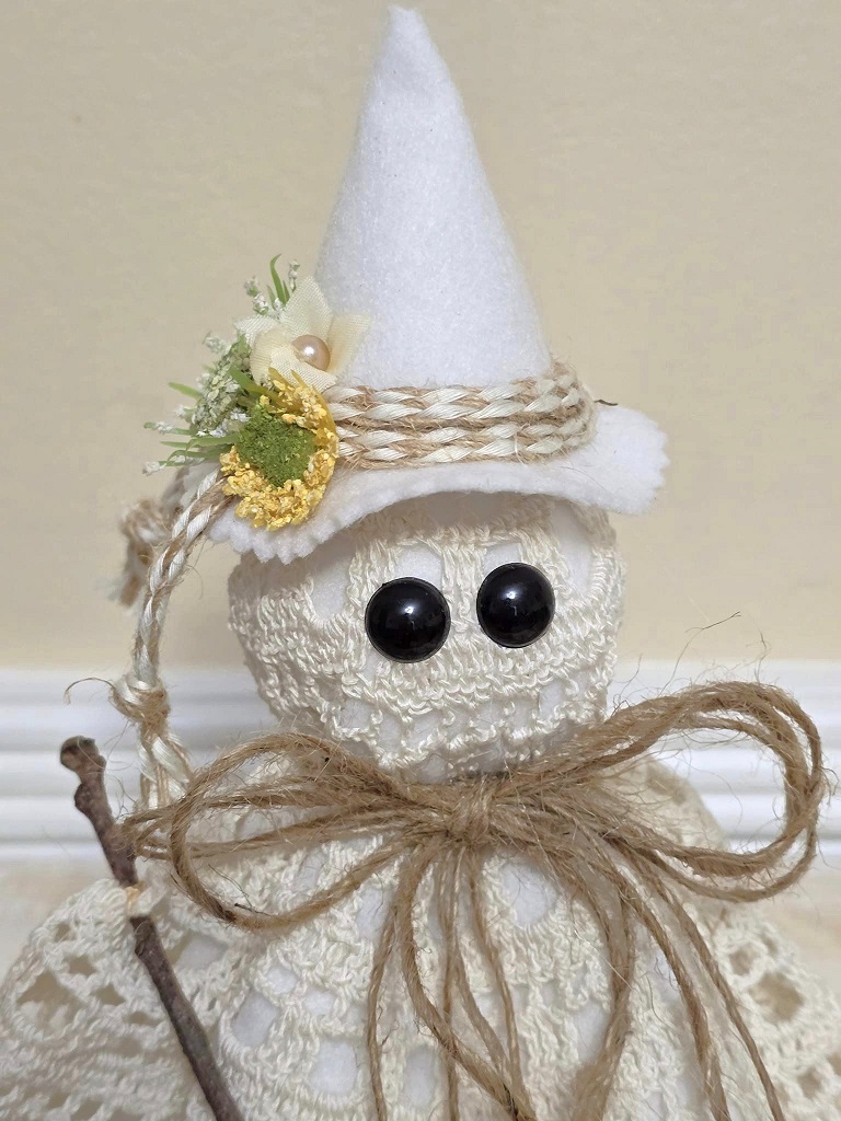 Ghost decor, Crochet Doily Ghost, Cute Ghost, Tabletop display, flowing felt ghost, handmade, Witch ghost with broom