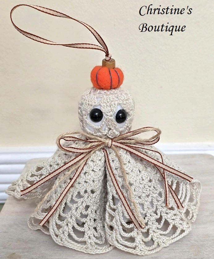 Ghost decor, Crochet Doily Ghost with Pumpkin, Cute Ghost, Tabletop display, flowing felt ghost, handmade