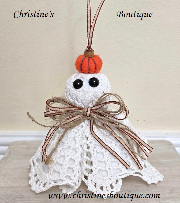 Ghost decor, Crochet Doily Ghost with Pumpkin, Cute Ghost, Tabletop display, flowing felt ghost, handmade