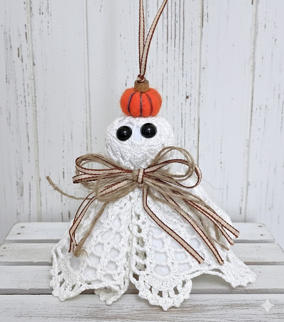 Ghost decor, Crochet Doily Ghost with Pumpkin, Cute Ghost, Tabletop display, flowing felt ghost, handmade