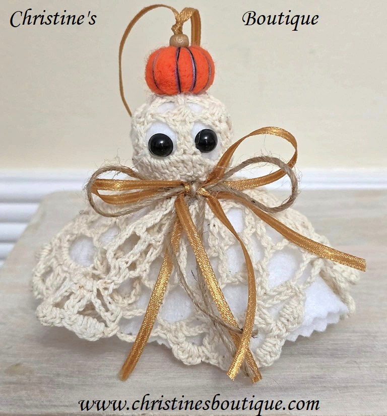 Ghost decor, Crochet Doily Ghost with Pumpkin, Cute Ghost, Tabletop display, flowing felt ghost, handmade - Click Image to Close