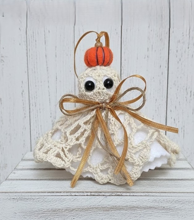 Ghost decor, Crochet Doily Ghost with Pumpkin, Cute Ghost, Tabletop display, flowing felt ghost, handmade