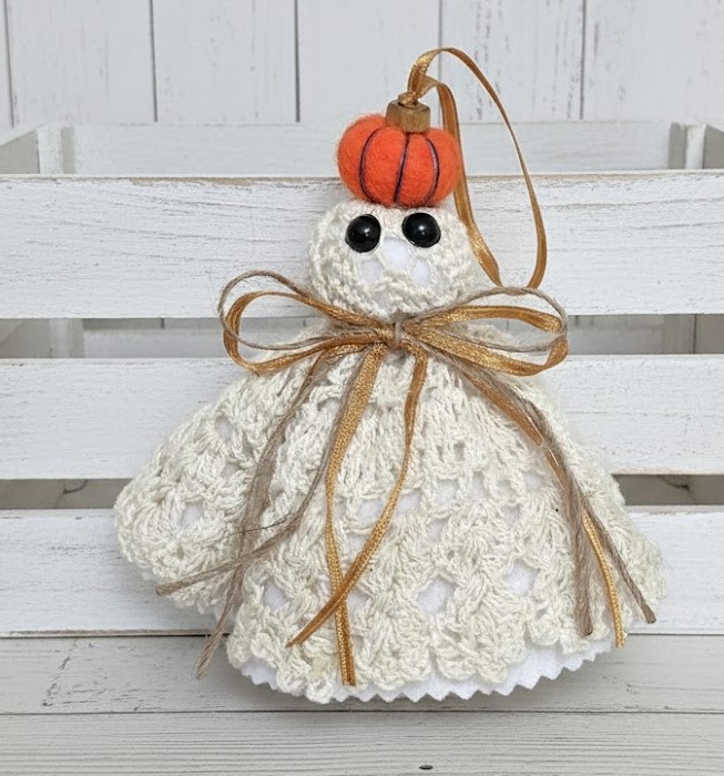 Ghost decor, Crochet Doily Ghost with Pumpkin, Cute Ghost, Tabletop display, flowing felt ghost, handmade