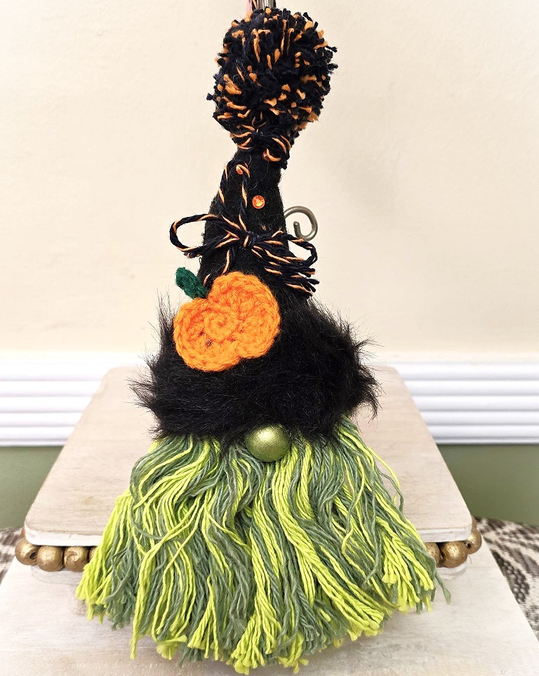 Gnome ornament, handmade gnome, halloween witch gnome, gnome with green beard and black hat