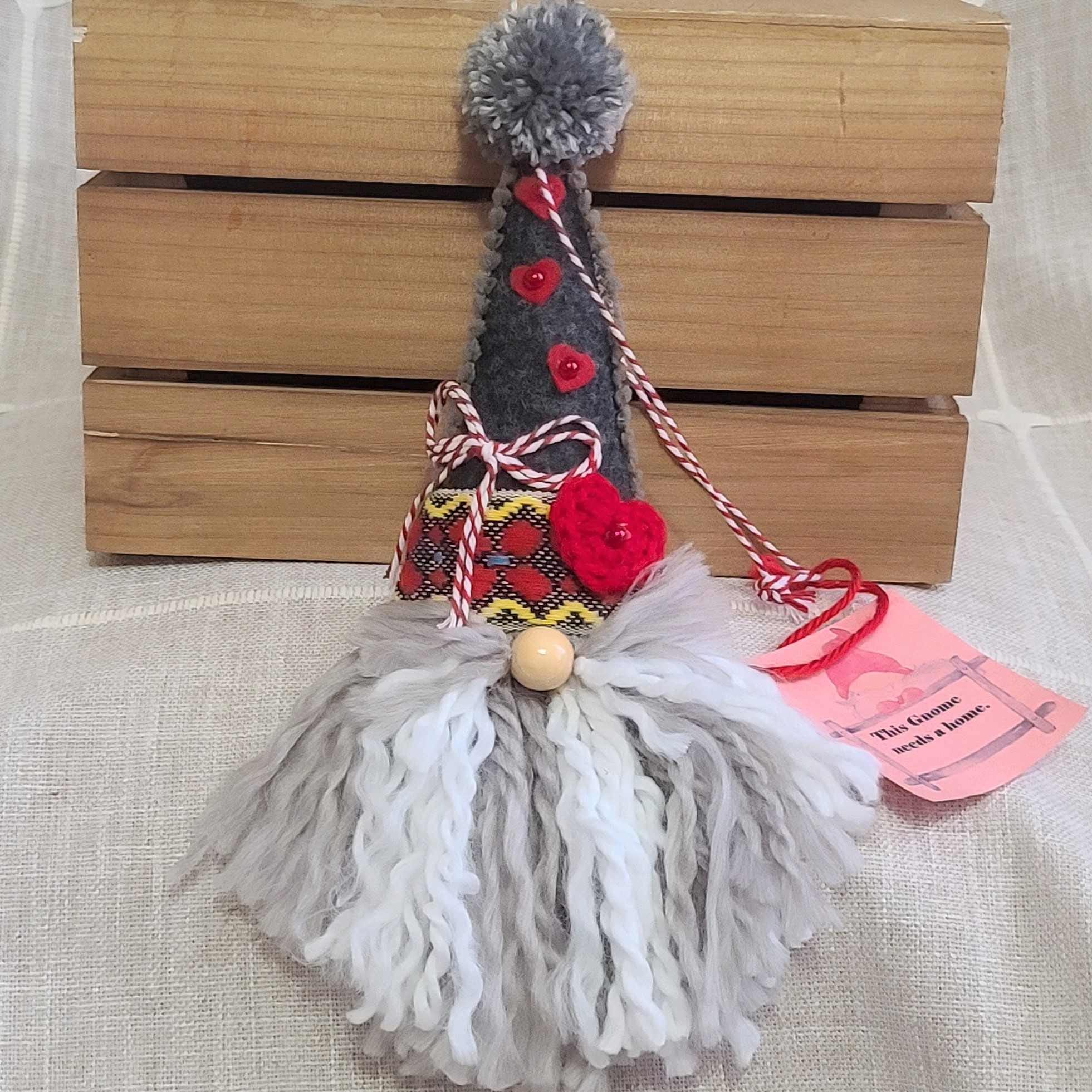 Gnome felt ornament gray hat with red hearts