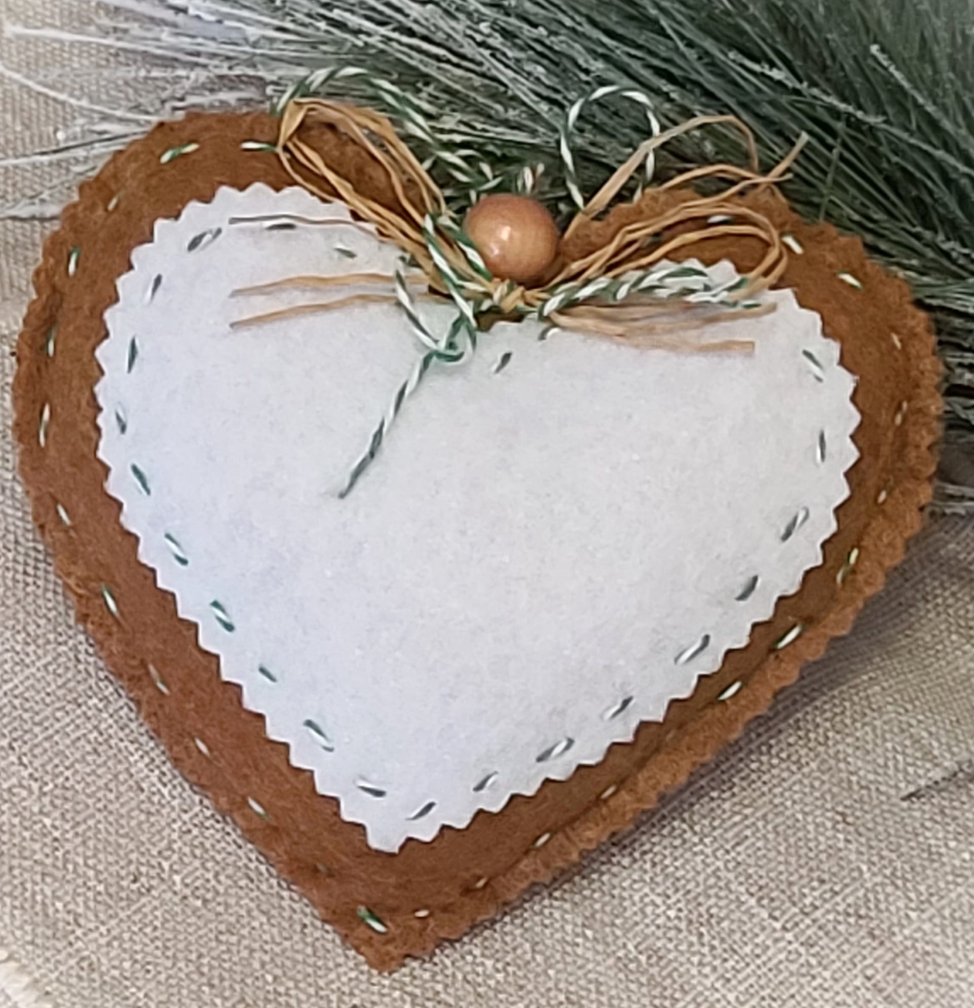Gingerbread felt and embroiddery PEACE heart ornament - GREEN