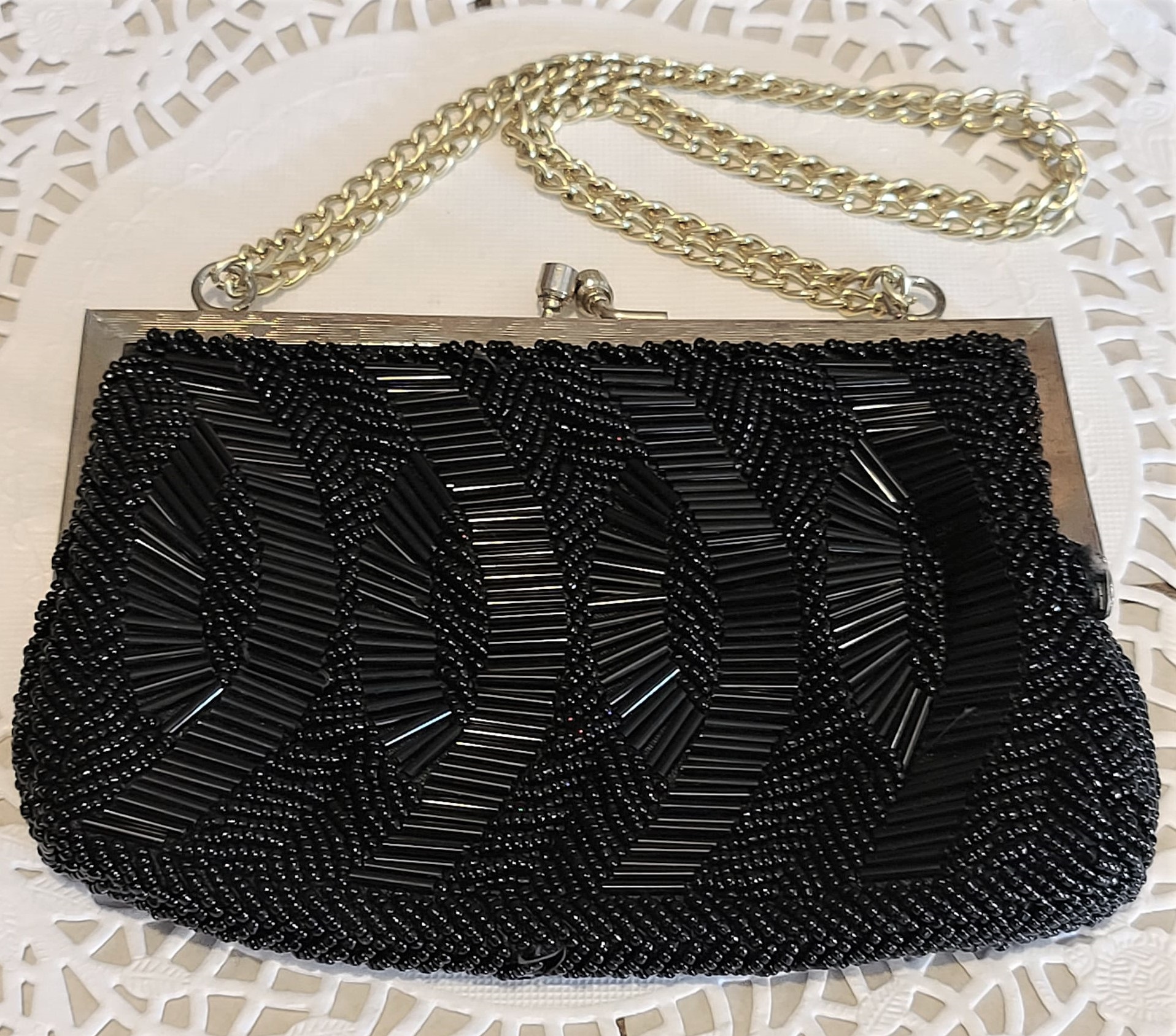 Walborg black beaded purse with double chain strap [h1] - $30.00 :  Christine's Boutique