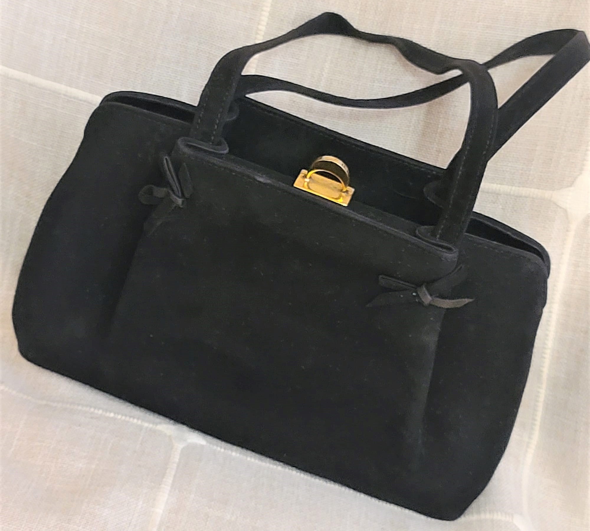 Black velveteen handbag w 2 top handles, multi compartment