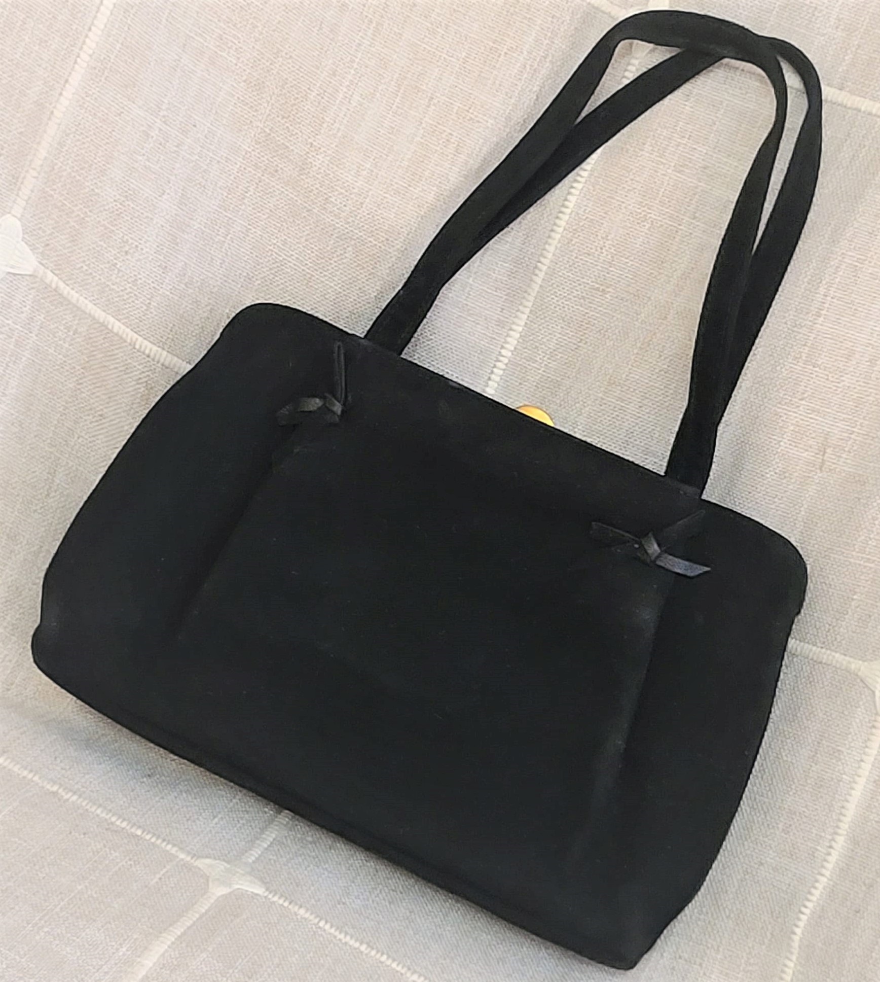 Black velveteen handbag w 2 top handles, multi compartment
