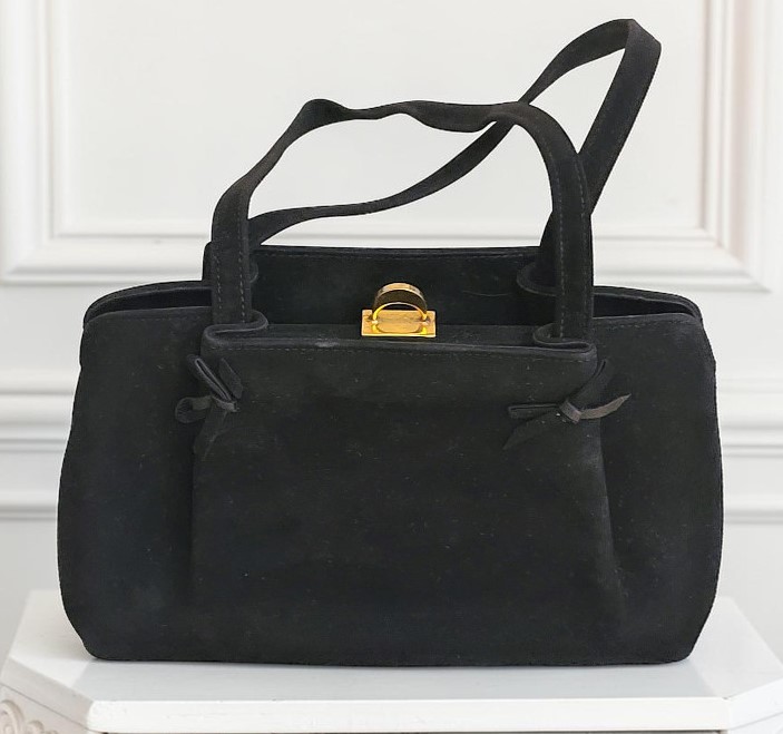 Black velveteen handbag w 2 top handles, multi compartment