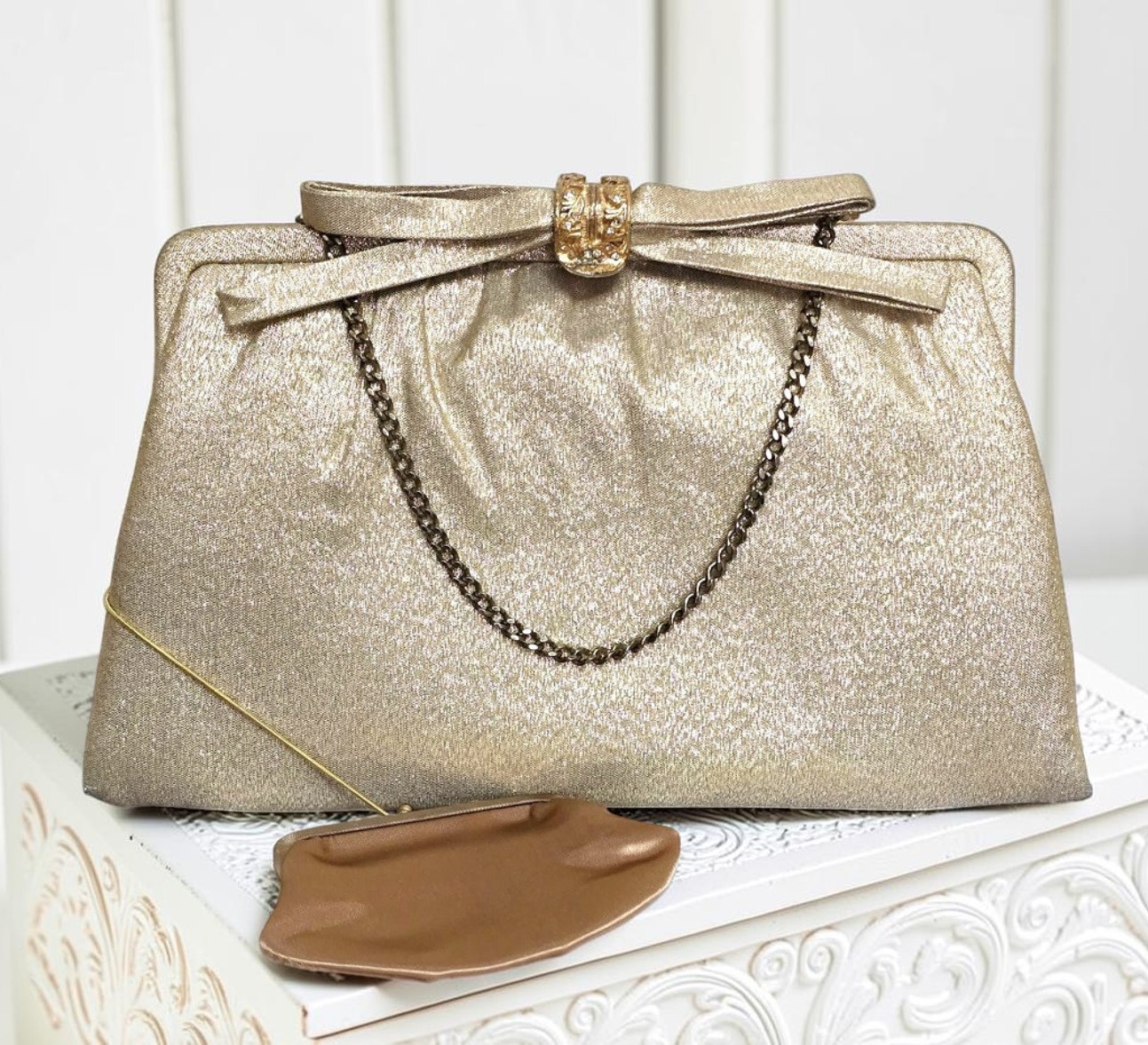 Gold lame handbag, vintage handbag, by After Five, gold vintage bag, with attached coin purse Gold lame handbag, vintage handbag, by After Five, gold vintage bag, with attached coin purse