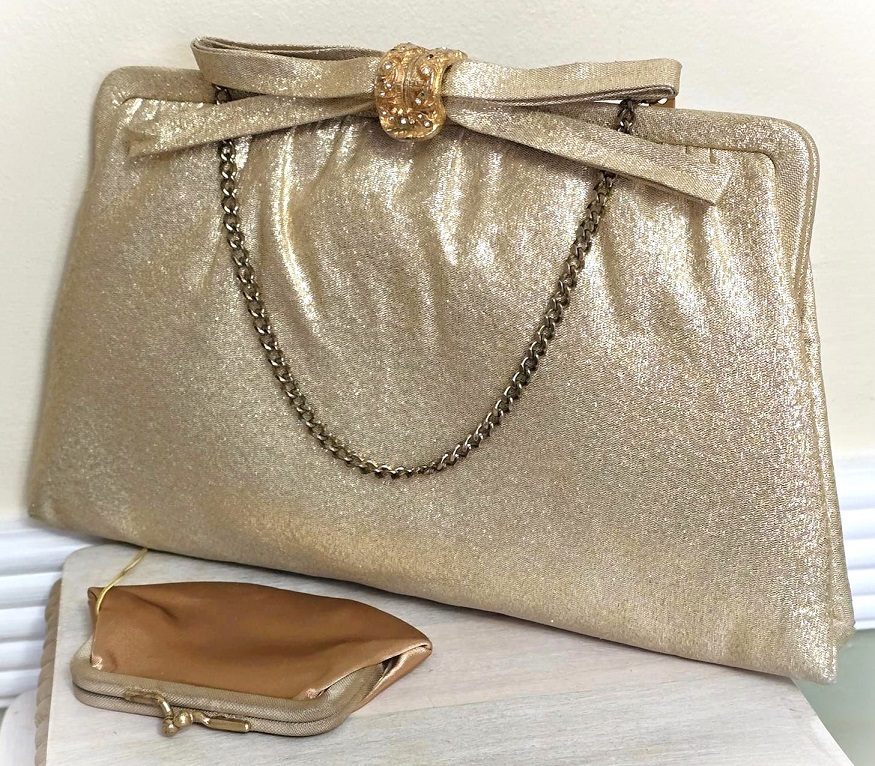 Gold lame handbag, vintage handbag, by After Five, gold vintage bag, with attached coin purse