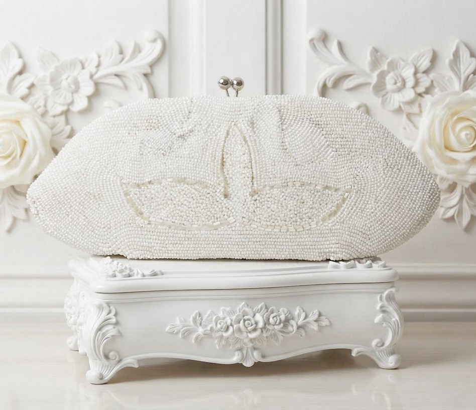 Beaded handbag, vintage beaded clutch style bag, designer Debbie, white beaded purse, wedding, special occasion bag