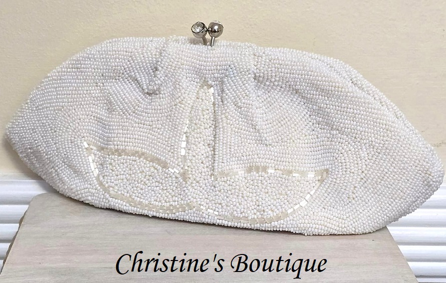 Beaded handbag, vintage beaded clutch style bag, designer Debbie, white beaded purse, wedding, special occasion bag - Click Image to Close