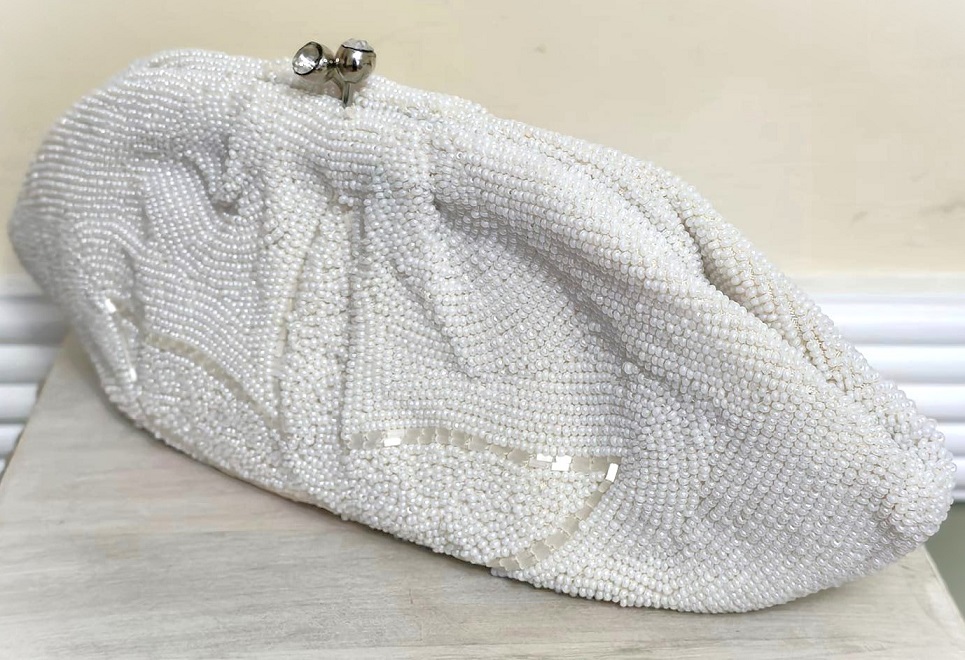 Beaded handbag, vintage beaded clutch style bag, designer Debbie, white beaded purse, wedding, special occasion bag