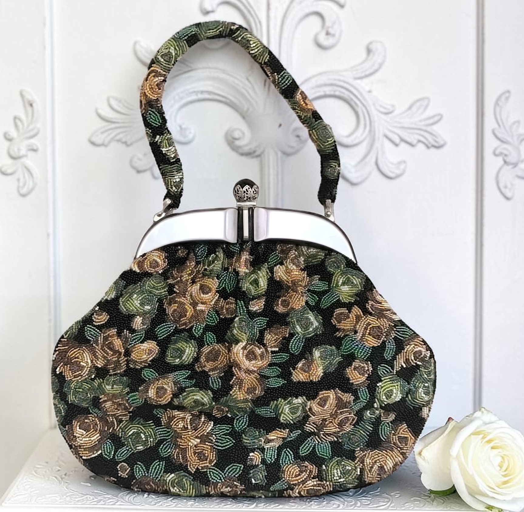 Beaded floral vintage purse with moonglow front panel