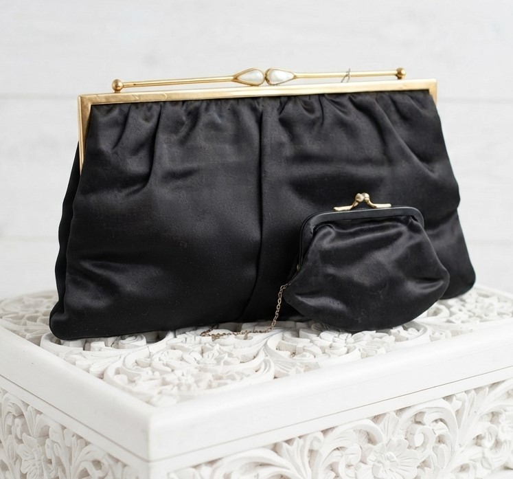 Satin clutch, vintage clutch style purse with coin pursee, black satin, abalone shell accents, designer Magid Satin clutch, vintage clutch style purse with coin pursee, black satin, abalone shell accents, designer Magid