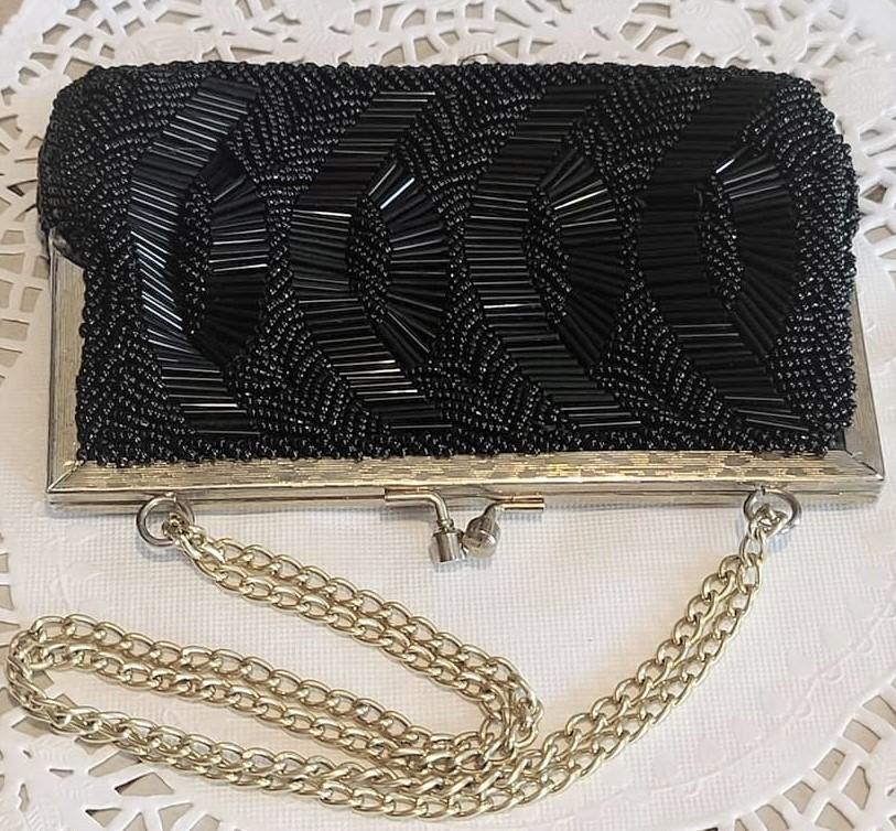 Walborg black beaded purse with double chain strap [h1] - $30.00 :  Christine's Boutique