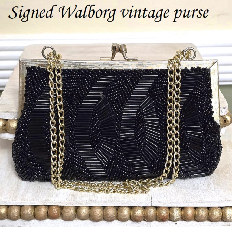 Walborg purse, vintage black bugle beaded purse, vintage purse, glass beaded purse