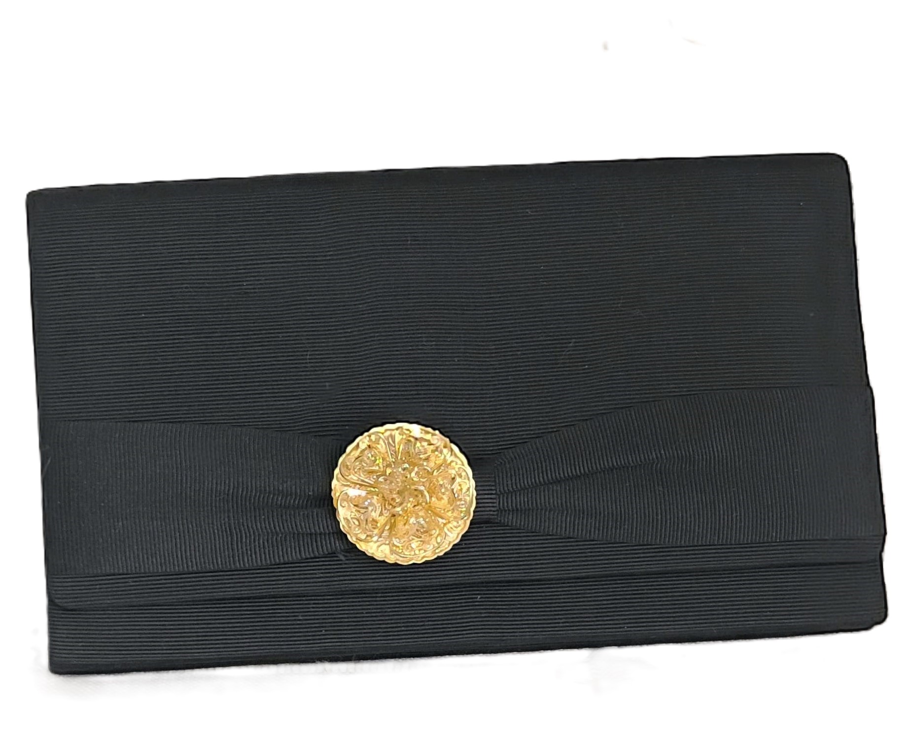 Black vintage clutch purse with bow, filigree gold scarf clip
