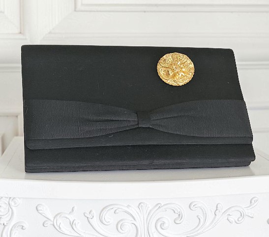 Black vintage clutch purse with bow, filigree gold scarf clip
