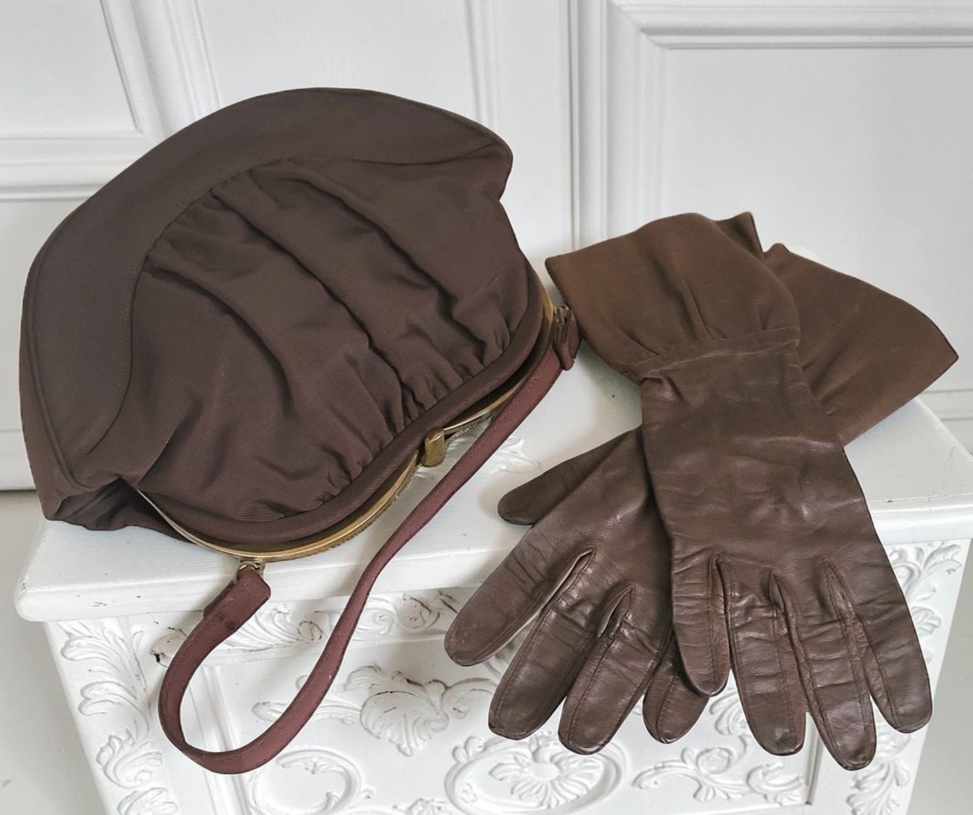 L & M Spotlite brown vintage handbag & brown leather opera glove