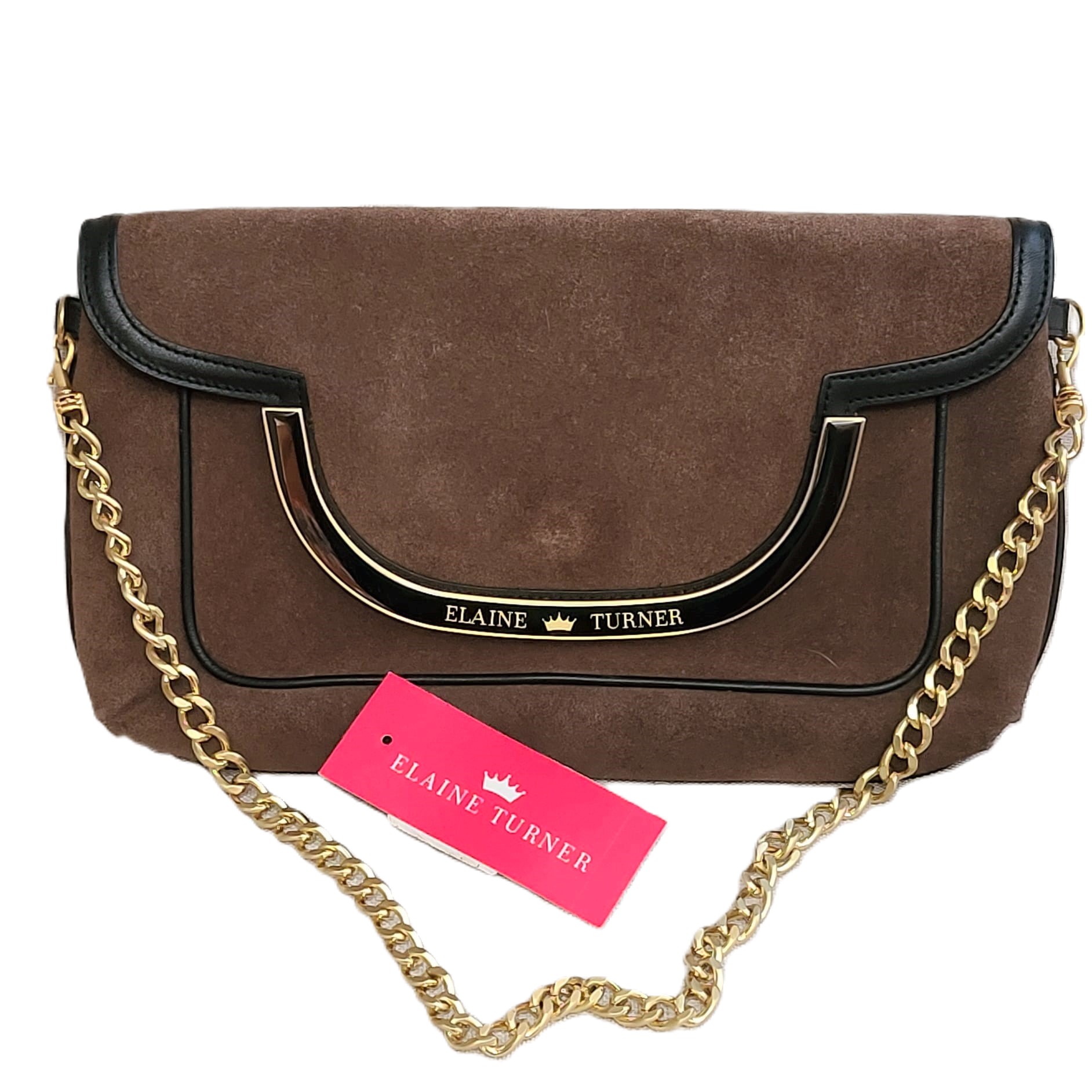 Elaine Turner brown suede handbag with gold chain strap - Click Image to Close