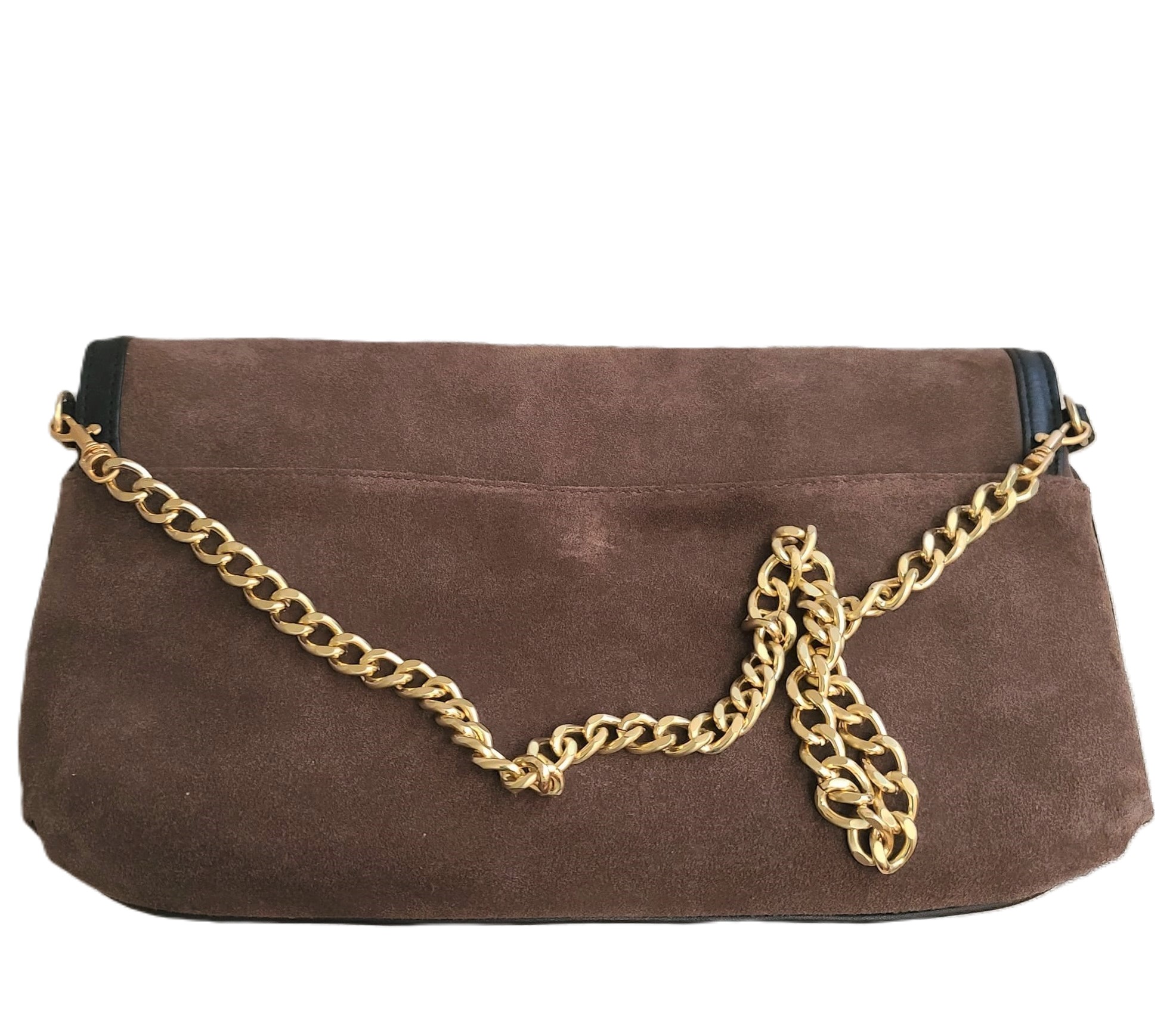 Elaine Turner brown suede handbag with gold chain strap
