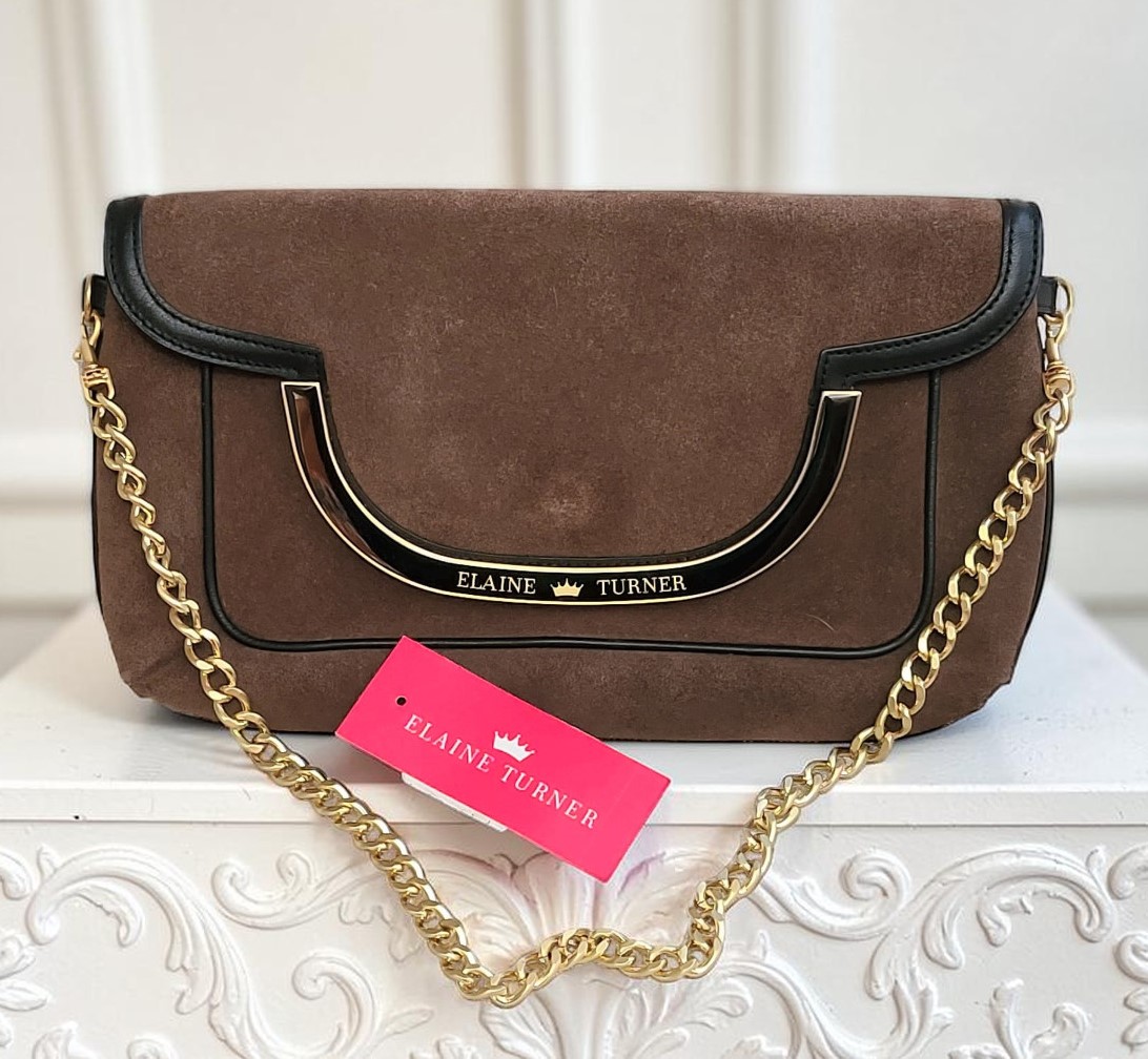 Elaine Turner brown suede handbag with gold chain strap