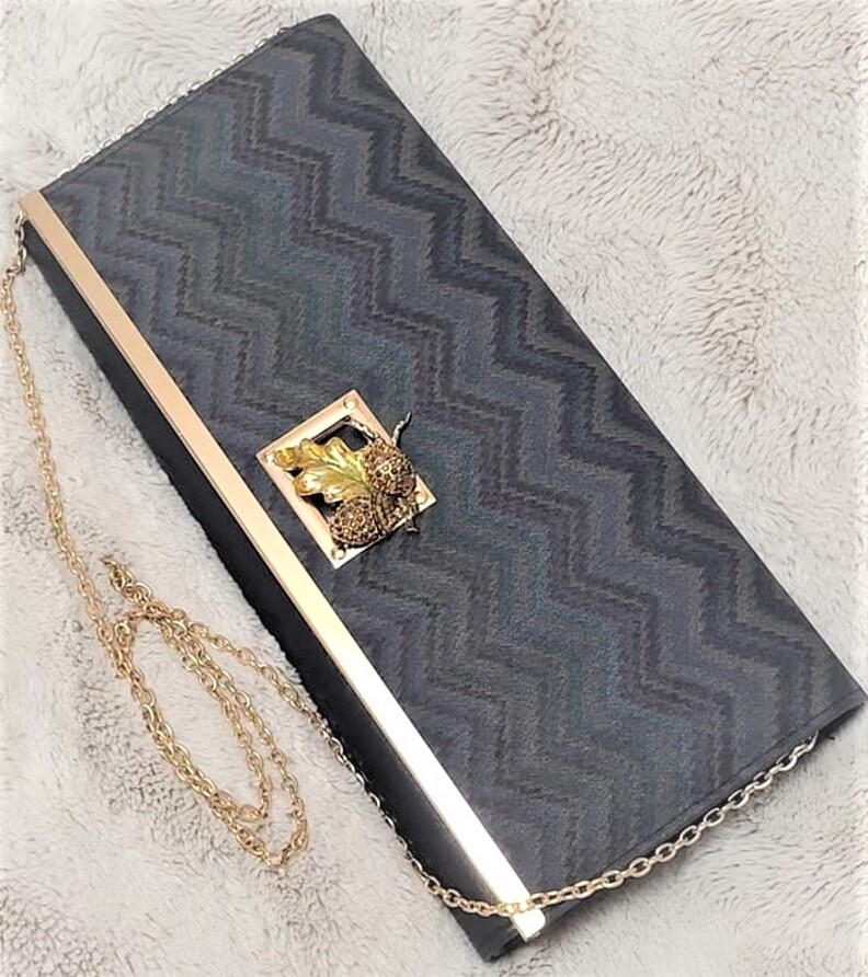 Navy Blue Cheveron Fabric & Vinyl Clutch purse & chain strap