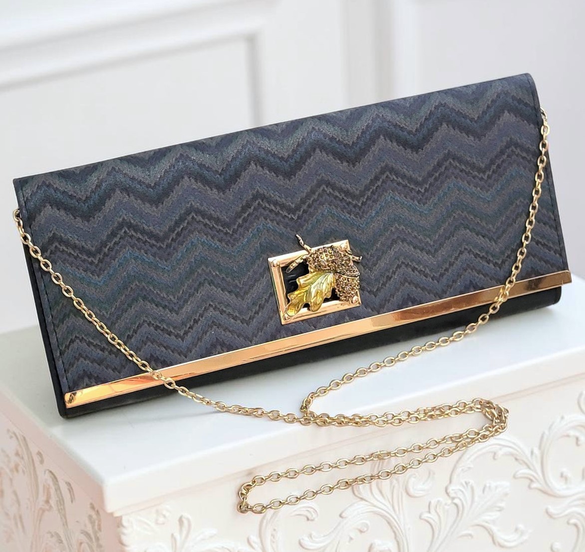 Navy Blue Cheveron Fabric & Vinyl Clutch purse & chain strap