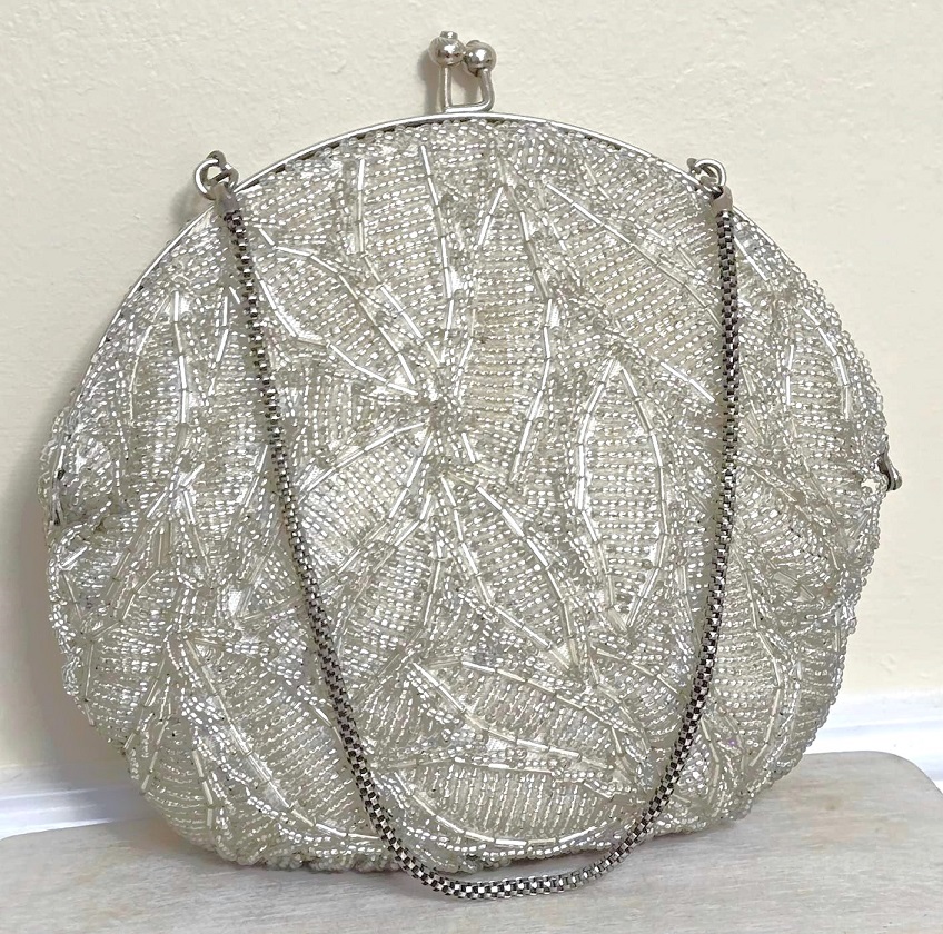Walborg purse, vintage purse, silver beaded purse, round purse, kiss lock design, silver gray beads