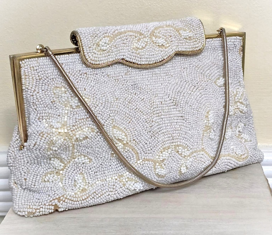 Beaded purse, vintage beaded handbag, ivory beads, wedding, special occasion bag, made in Japan - Click Image to Close