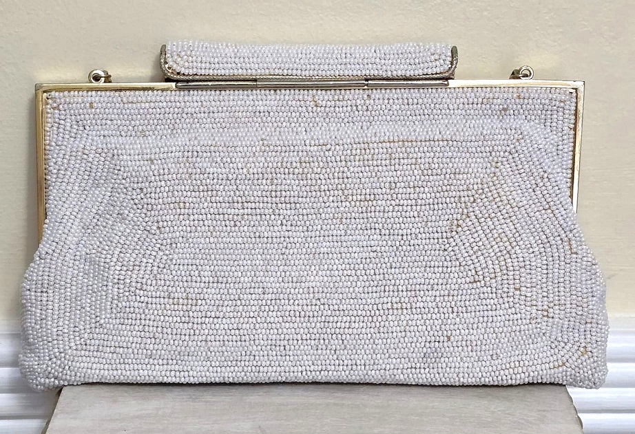 Beaded purse, vintage beaded handbag, ivory beads, wedding, special occasion bag, made in Japan