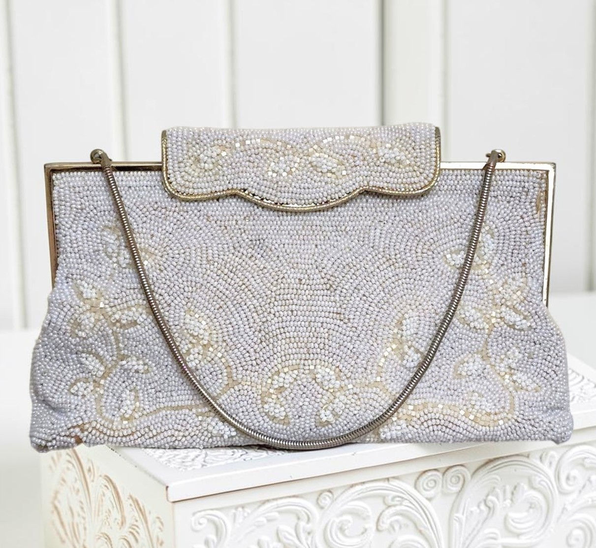 Beaded purse, vintage beaded handbag, ivory beads, wedding, special occasion bag, made in Japan