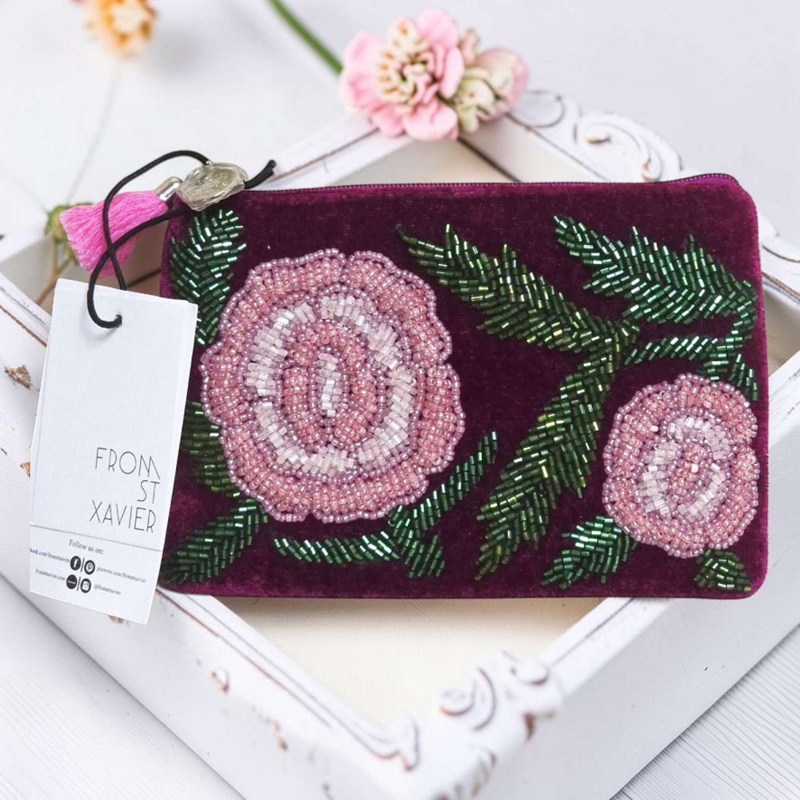 Velvet and beaded rose coin purse, St Xavier brand, beaded coin purse, burgundy velvet and beading Velvet and beaded rose coin purse, St Xavier brand, beaded coin purse, burgundy velvet and beading