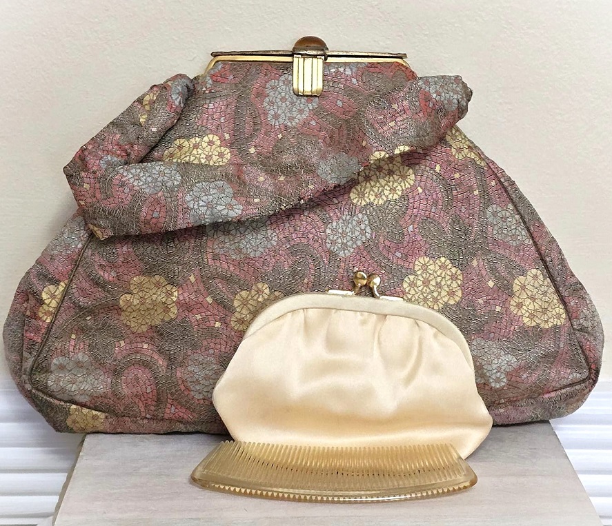 Brocade silk handbag with mirror and comb, vintage silk-like bag, floral pattern handbag, yellow glass stone accent