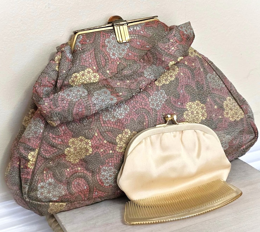 Brocade silk handbag with mirror and comb, vintage silk-like bag, floral pattern handbag, yellow glass stone accent