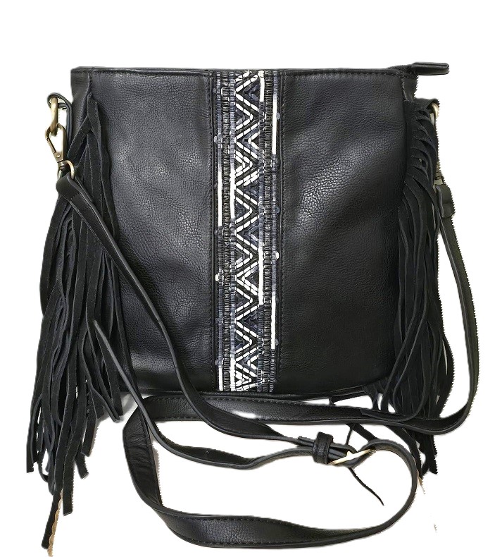Black leather fringed handbag crossbody leather back with yarn accent trim