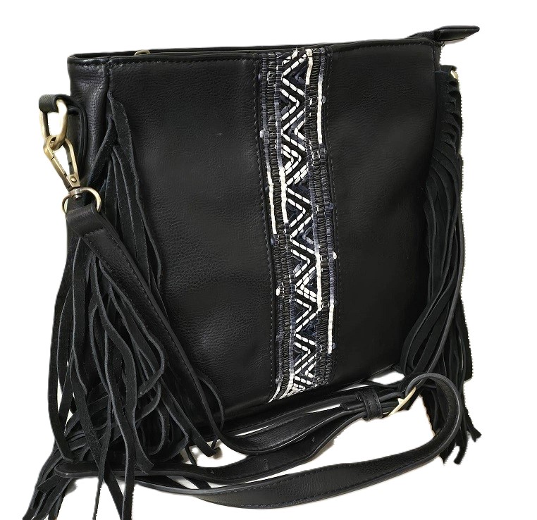 Black leather fringed handbag crossbody leather back with yarn accent trim