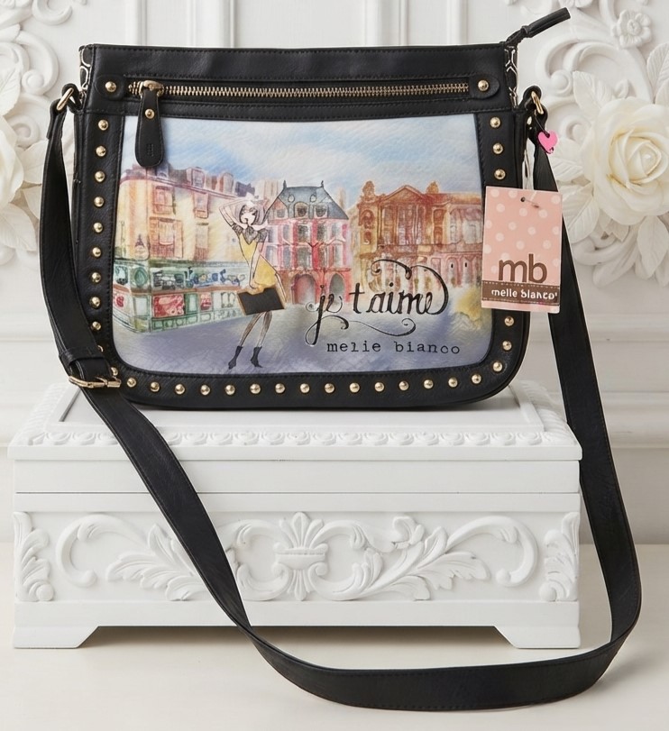 Melie Bianco Paris scene cross body bag, studded cross body, Je t’aime Paris France