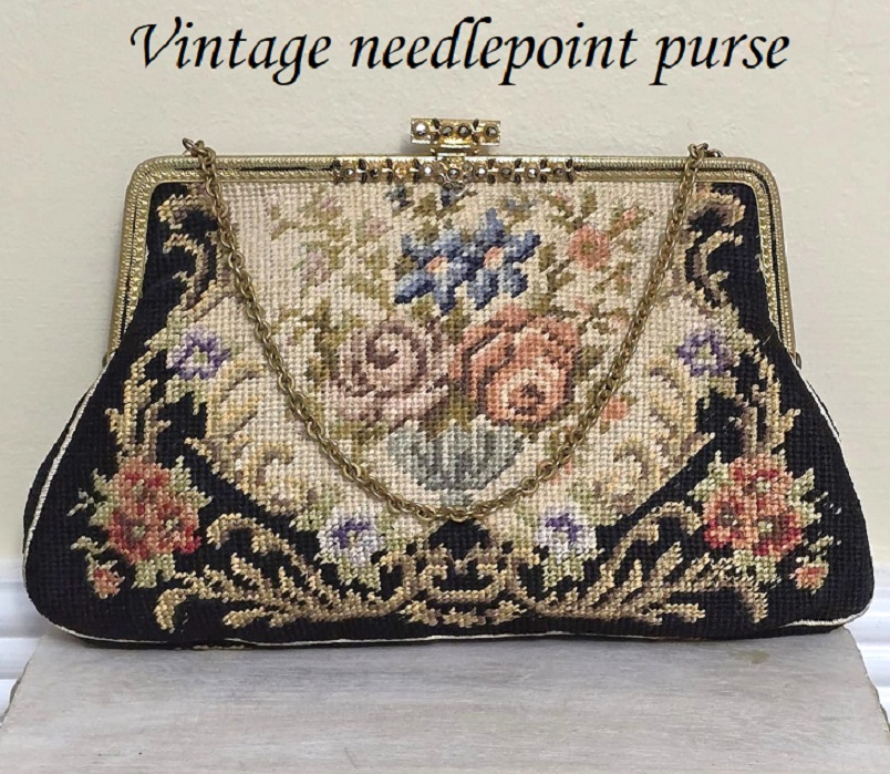 Vintage needlepoint purse, needlepoint 2 sided purse, marcasite accents, chain strap - Click Image to Close