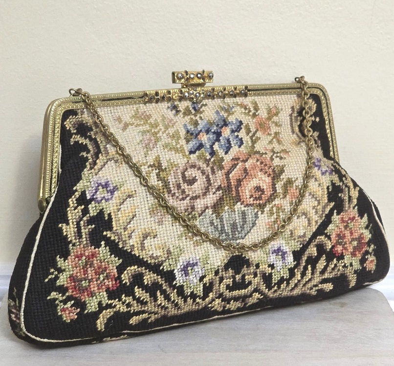 Vintage needlepoint purse, needlepoint 2 sided purse, marcasite accents, chain strap