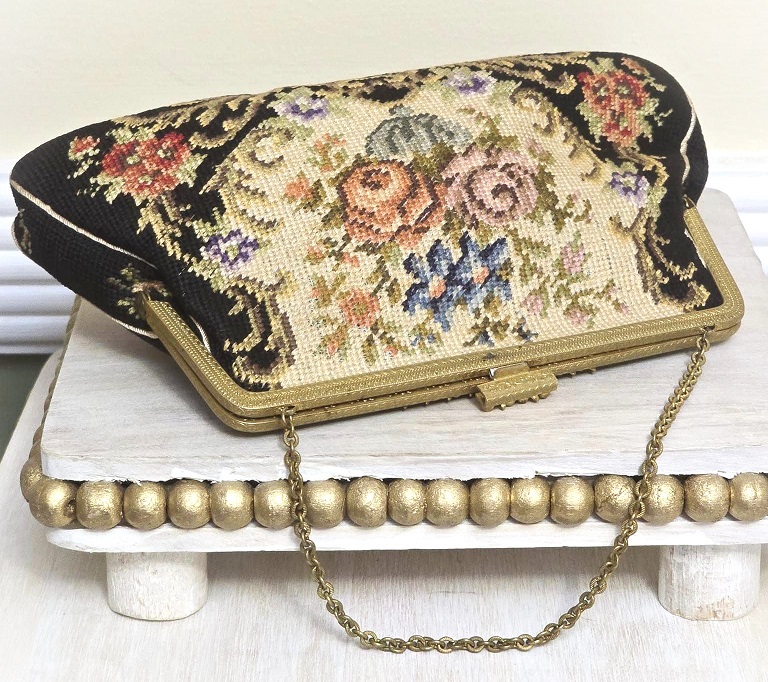 Vintage needlepoint purse, needlepoint 2 sided purse, marcasite accents, chain strap