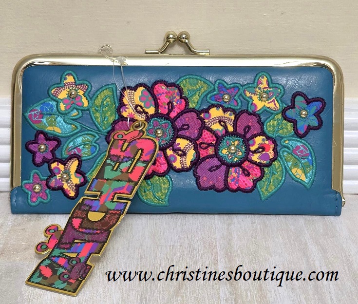 Turquoise wallet with floral embroidery Janette Indexer wallet, stylish wallet coins, credit card holder