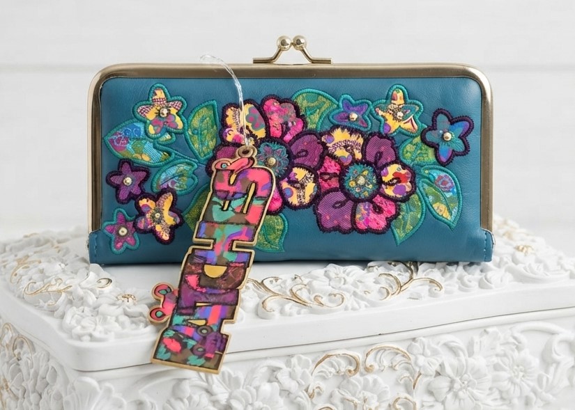 Turquoise wallet with floral embroidery Janette Indexer wallet, stylish wallet coins, credit card holder
