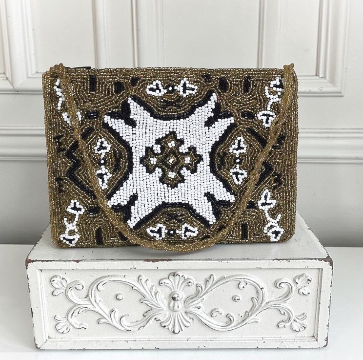 Beaded purse, vintage beaded purse by designer Christina glass bead cross, maltese pattern design